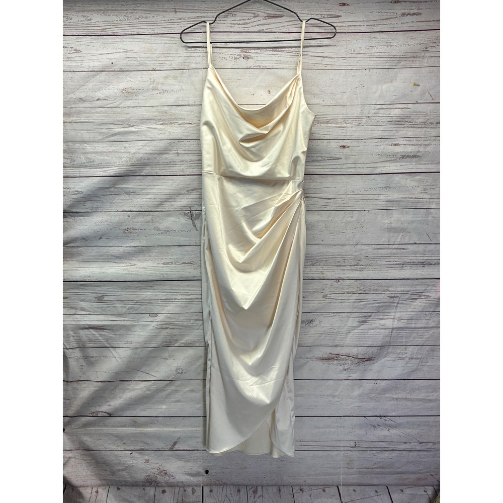 Hufuded Formal Satin Midi Dress Regencycore Ruched Wrap Hem Small Cream Ivory